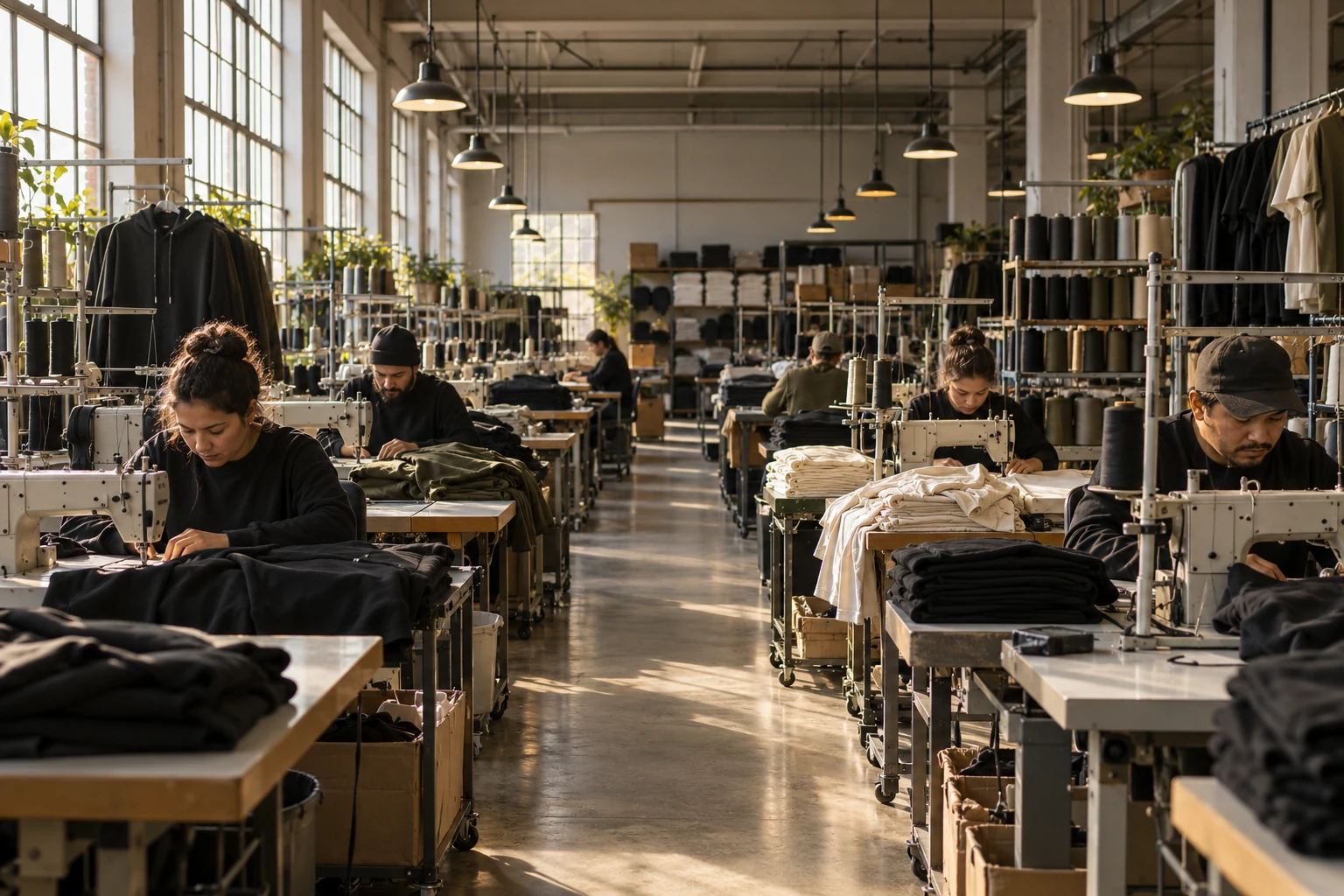 AI-generated sewing workshop illustration, with hoodie and T-shirt production stations